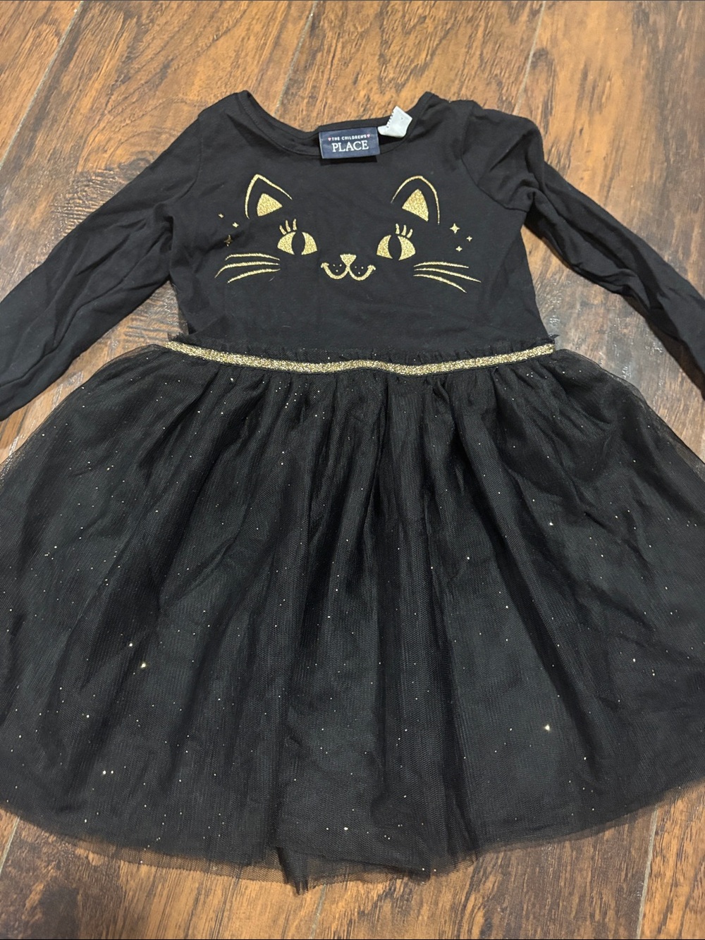 The Children's Place Black Long-Sleeve Cat Tulle Dress with Gold Accents